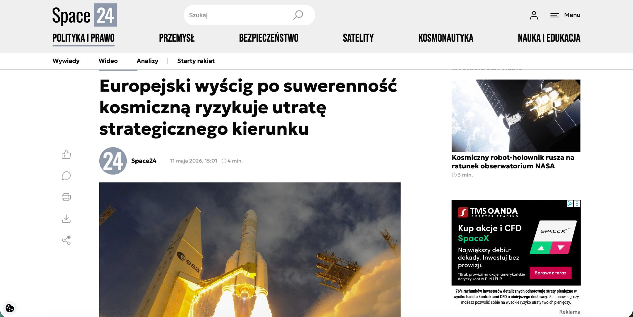 Read more about the article Europejski wyścig po suwerenność kosmiczną ryzykuje utratę strategicznego kierunku