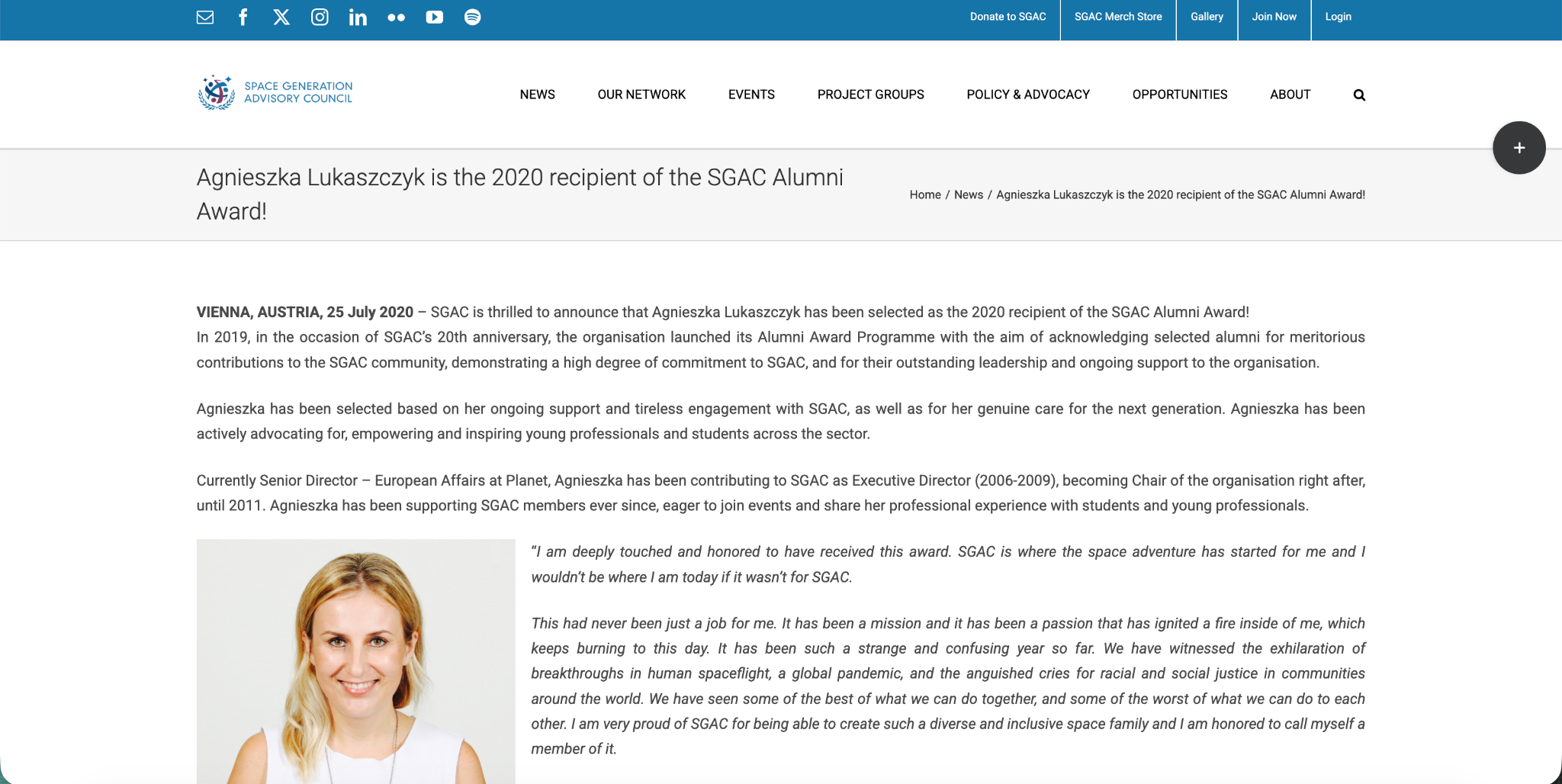 Read more about the article Agnieszka Lukaszczyk Receives the 2020 SGAC Alumni Award